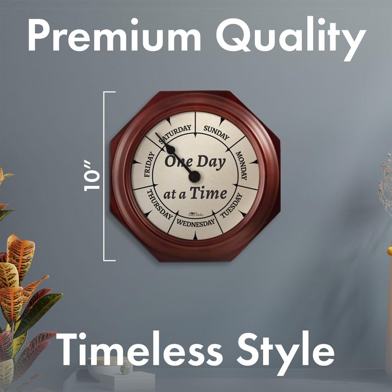DayClocks Classic Week-Day Wall Clock with Solid Wood-Octagonal Frame â€“ Noon & Midnight Markers â€“ Quiet Wall Mounted Clock - Ideal Retirement Gift for Men & Women, Mahogany, One Day at a Time, 10" - Image 4